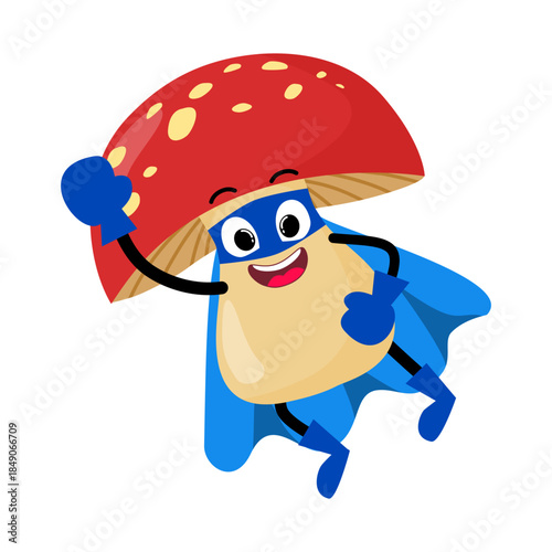 Cute Hand Drawn Superhero Mushroom Flying