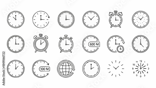Collection of Various Clock Icons and Illustrations Representing Time.