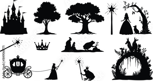 Fairy tale, fantasy, icon, silhouette, black, white, castle, crown, wand, frog, princess, tree, carriage, magic, story, minimal, grid, design, enchanted, scene