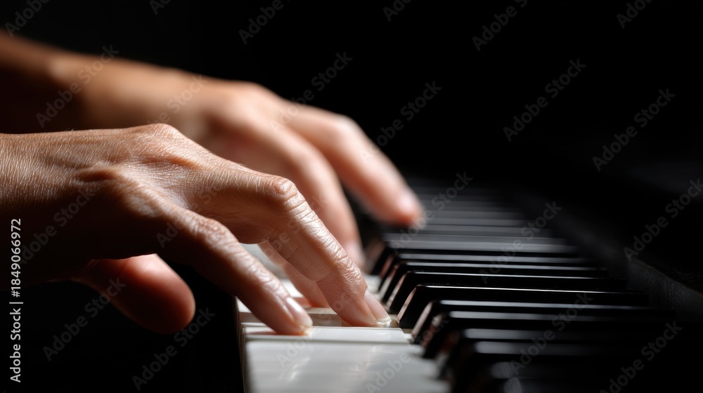 Obraz premium Close-up of hands playing piano keys. Expressive fingers on black and white keys. Classical music performance, creativity, emotion and musical artistry concept