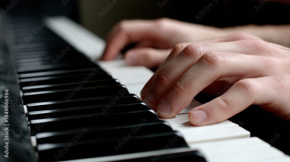 Fototapeta premium Hands pressing piano keys. Detail of musician fingers during performance. Piano playing, classical music, practice, concentration and artistic expression