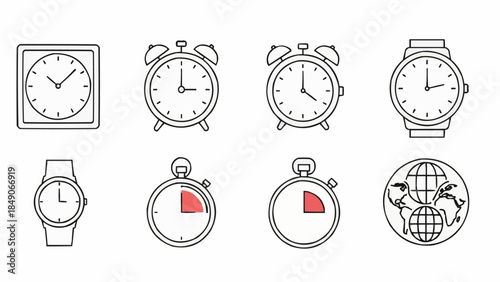 Collection of various timekeeping devices and a globe illustration.