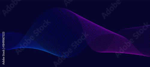 Dark abstract wave background. Shiny moving lines design element. Modern purple blue gradient flowing wave lines. Futuristic technology concept.