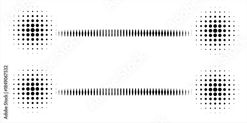 Abstract retro illustration of round halftone double sided arrow pointing left and right. Black circular dot pattern, geometric arrow shapes. Minimalistic, horizontal orientation, abstract design.