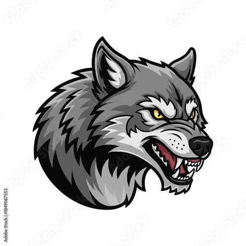 A dynamic 2D flat vector illustration of an aggressive wolf mascot with raised hackles, symbolizing fierce dominance and powerful energy, isolated on a clean white background.