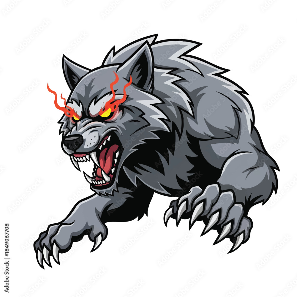 Obraz premium A powerful flat 2D raging wolf mascot with intense glowing eyes and sharp claws stands fiercely isolated on a clean white background, ready for action.