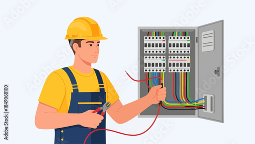 Wearing a yellow hard hat and blue overalls, a skilled electrician holds wire cutters and carefully guides a red cable into an open grey electrical panel filled with rows of colorful circuit breakers