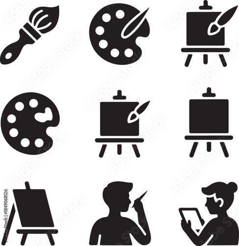 Art supplies, painting palette, creative studio, artist easel, paint brush, canvas drawing, design tool, sketch hobby