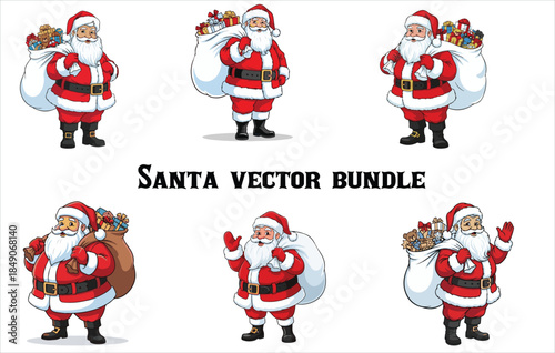Set of cartoon Christmas illustrations isolated on white. Funny happy Santa Claus character with gift, bag with presents, waving and greeting. 