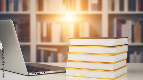Wallpaper Mural A stack of books next to a laptop on a desk in a library with a bright sun flare Torontodigital.ca
