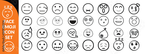 Face emoji icon set. Hand drawn doodle sketch style happy, angry, sad mood face emoticon background. Funny cartoon characters smile, wink, kiss emoji big icon set design. big set