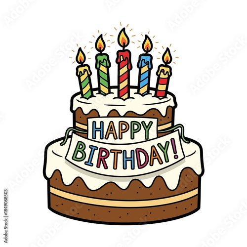 Colorful birthday cake with lit candles and happy birthday banner