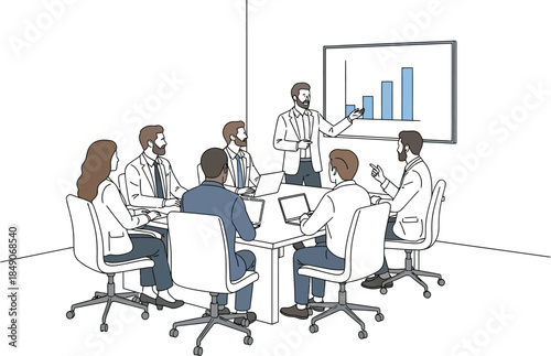 Business team meeting with presenter pointing at a rising bar chart on a screen during a corporate strategy discussion