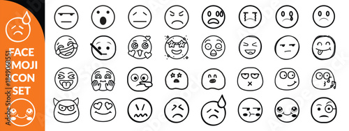 Face emoji icon set. Hand drawn doodle sketch style happy, angry, sad mood face emoticon background. Funny cartoon characters smile, wink, kiss emoji big icon set design. big set