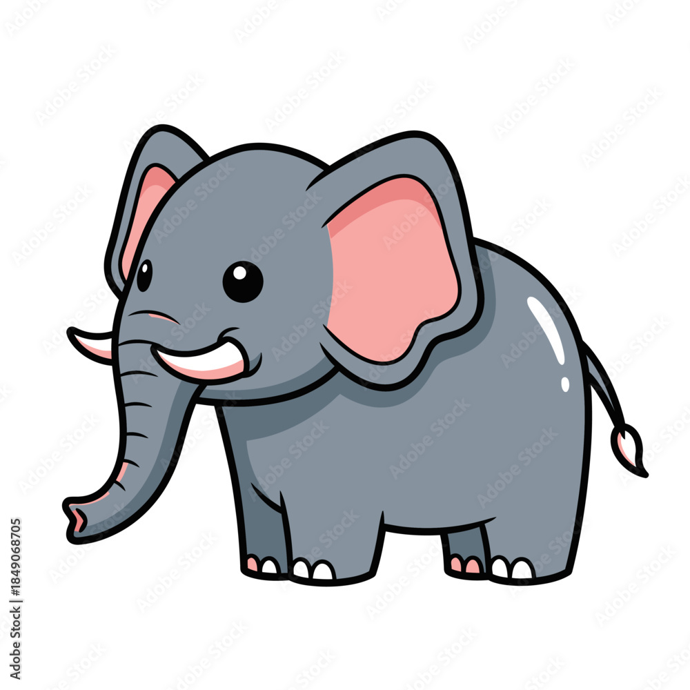 Fototapeta premium Cute cartoon elephant with big ears and tusks standing alone