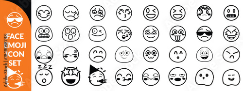 Face emoji icon set. Hand drawn doodle sketch style happy, angry, sad mood face emoticon background. Funny cartoon characters smile, wink, kiss emoji big icon set design. big set