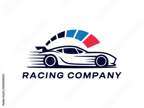 Racing Company Logo with Speedometer and Sports Car Design