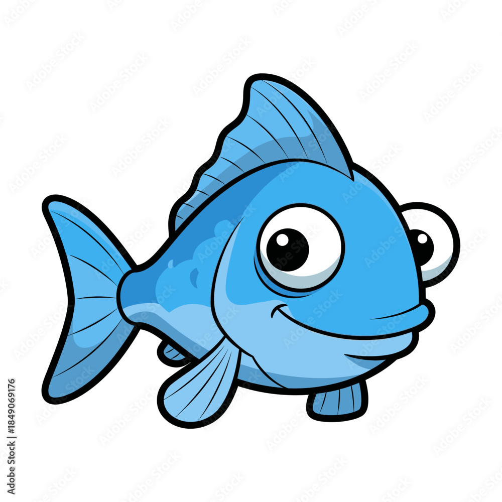 Fototapeta premium Cute cartoon blue fish with big eye and smiling face