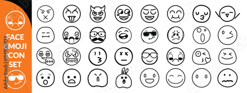 Face emoji icon set. Hand drawn doodle sketch style happy, angry, sad mood face emoticon background. Funny cartoon characters smile, wink, kiss emoji big icon set design. big set