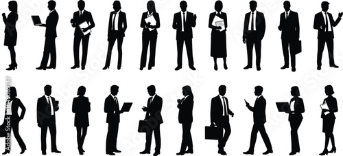 Business professional silhouette vector set with diverse poses and tools for corporate, workplace, and presentation illustration themes.