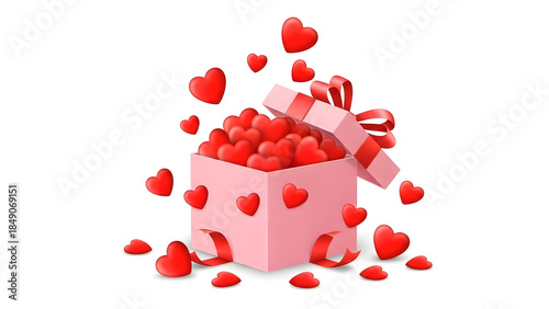 Pink gift box overflowing with red hearts and strawberries