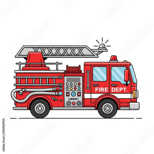 Vibrant fire truck with extended ladder and flashing lights ready for action