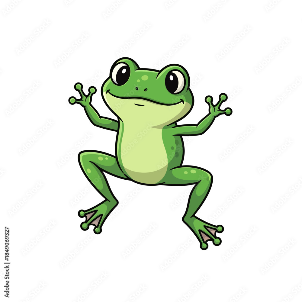 Fototapeta premium Smiling green frog standing in fun playful pose with raised hands
