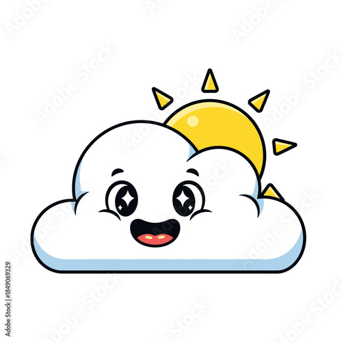 Happy cartoon cloud with sunny day background smiling cheerfully