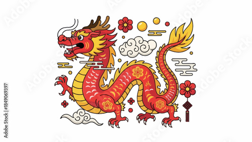 Intricate traditional Chinese dragon illustration with floral accents and