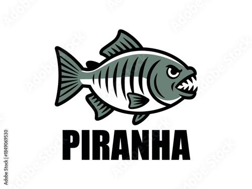 Cartoon Piranha Fish Logo Illustration with Sharp Teeth and Bold Text Design