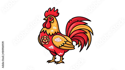 Stylized Traditional Red Rooster Illustration with Decorative Elements