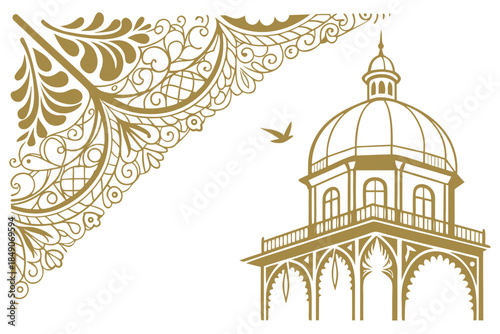 Ornate golden dome with intricate scrollwork, vector