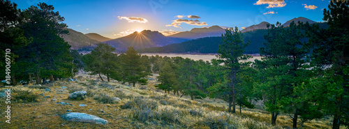 Sunrise over Rams Horn Mountain at Rocky Mountain National Park with Moraine valley.