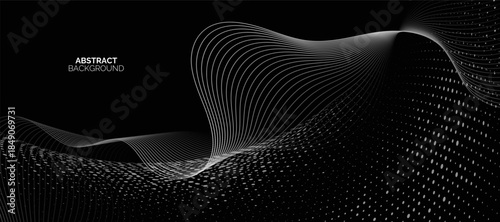 Futuristic abstract background with particle wave and dot lines on black background. Smooth dynamic wavy lines. Suit for brochure, website, flyer, banner, poster.