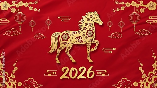 Chinese new year 2026, year of the fire horse, gold horse on red background with lanterns, clouds, and floral patterns, symbolizing good