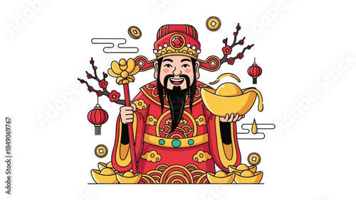 Festive Chinese God of Wealth Illustration Featuring Gold Ingot and Red