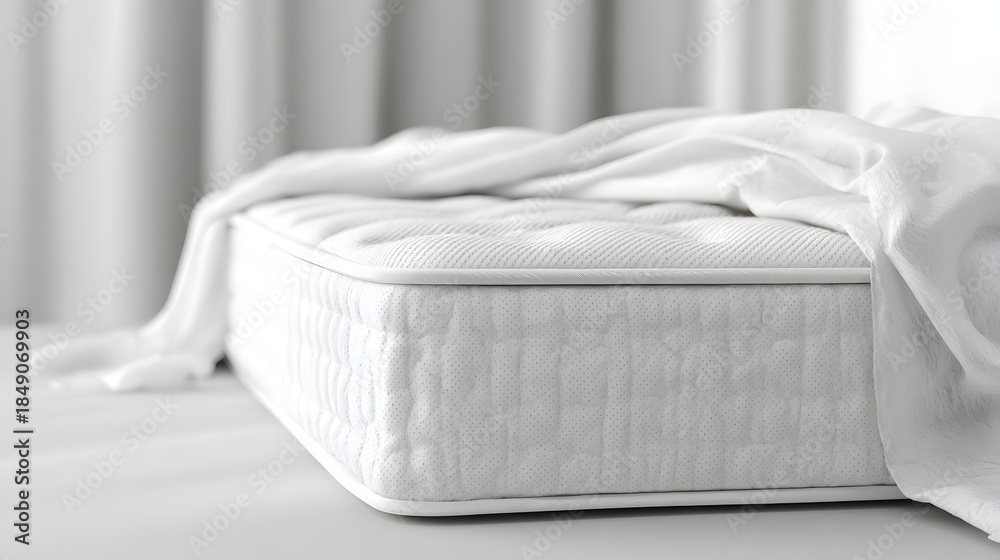 Obraz premium Comfortable White Mattress with Soft White Sheets in a Bright Room.
