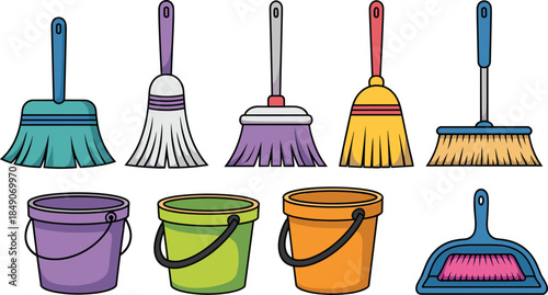 Cartoon cleaning tool vector set with brooms, buckets, and dustpan for household, hygiene, and organizational themes.