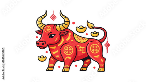Colorful Traditional Chinese New Year Ox Illustration with Festive Elements