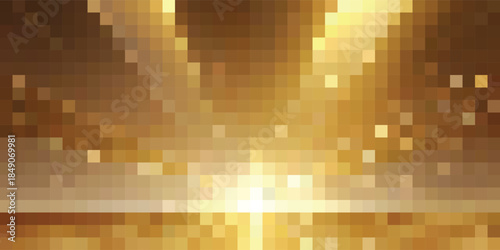 Golden pixelated background with bright light effects.