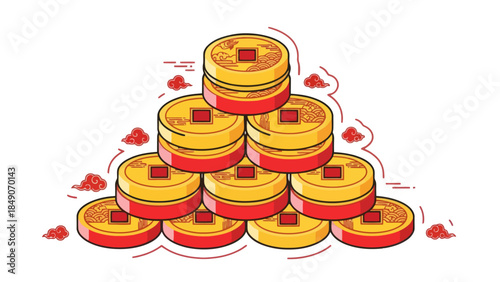 Stacked gold coins with red accents representing wealth and prosperity