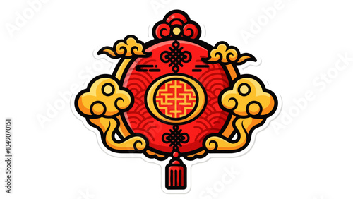 Traditional Chinese Red Lantern with Ornamental Clouds and Emblem Design