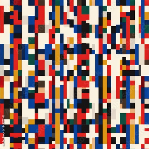 Abstract Geometric Pattern with Vibrant Red, Blue, and Black Blocks.