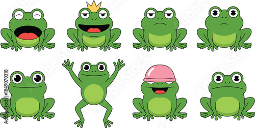 Cartoon frog character set with expressive faces and accessories for emotion, story, and educational illustration themes.