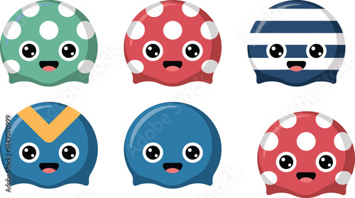 Cartoon jellyfish character set with playful patterns and colors for children’s, educational, and underwater illustration themes.