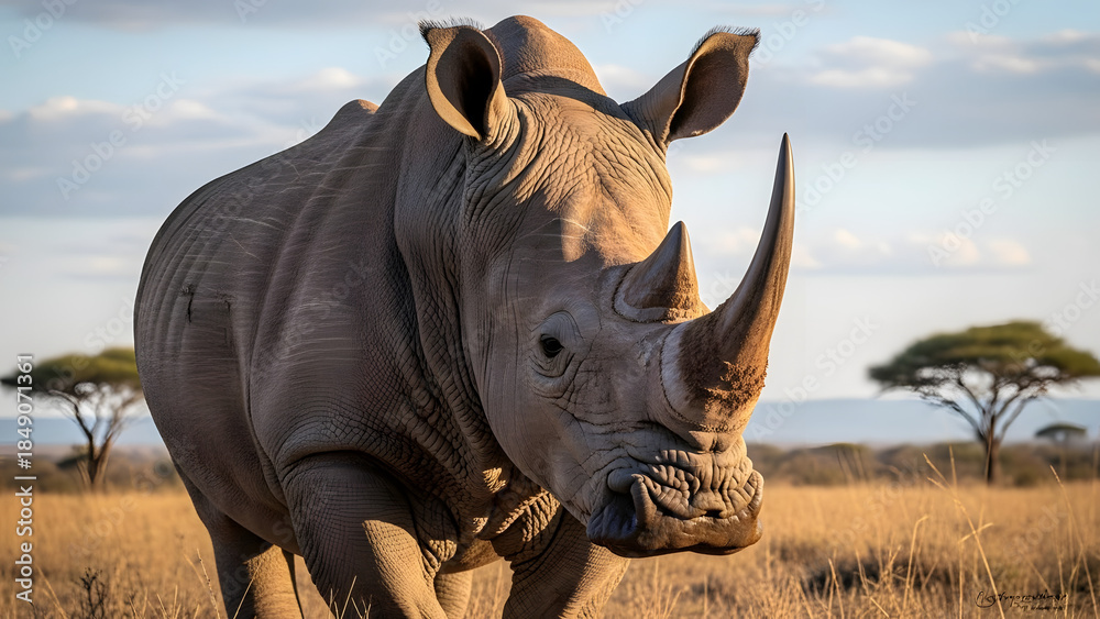 Fototapeta premium Powerful white rhino portrait on african savanna