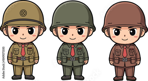 Cartoon military character trio in uniform and helmet for history, costume, and educational illustration themes.