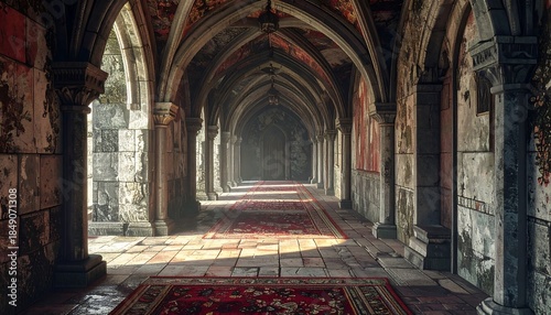 A long, arched hallway with red carpet, illuminated by sunlight streaming through side windows; aging stone walls