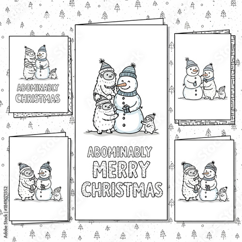 Abominably Merry Christmas cards with penguins and snowmen