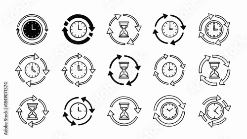 Collection of Time Icons Featuring Clocks and Hourglasses with Circular Arrows.